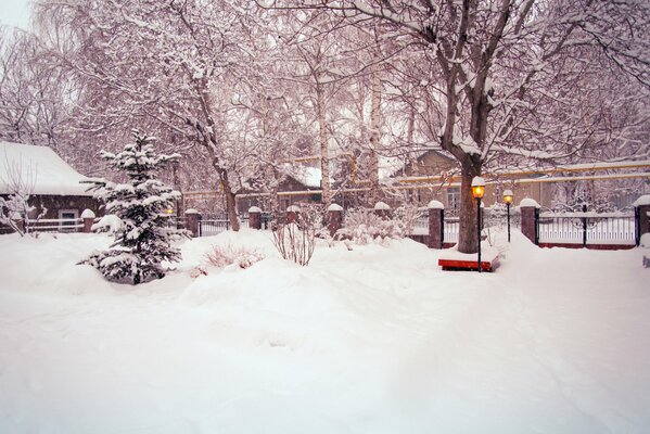 Winter, big snowdrifts and lanterns