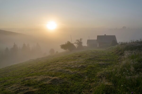 Casas en la niebla en las montañas de los Cárpatos