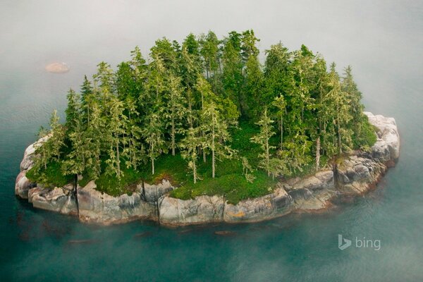 An island in the middle of the sea, fog rocks