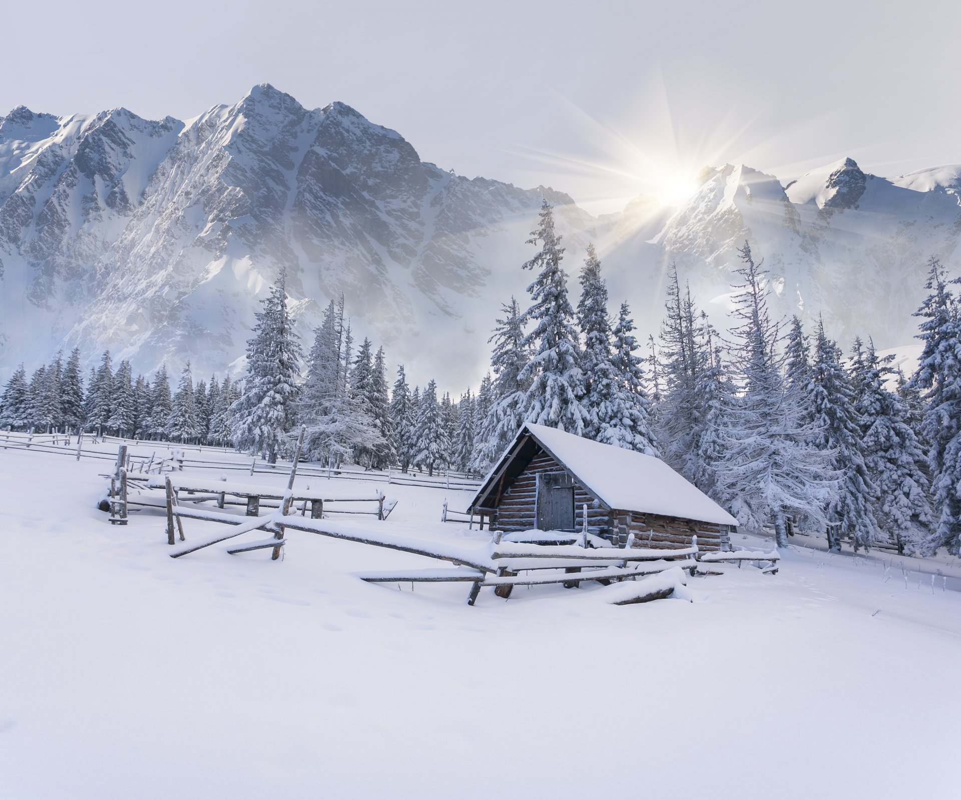 hiver paysage neige hiver arbres de noël montagnes cabane cabane dérives