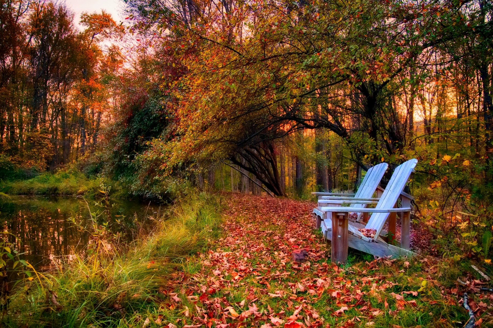 natura niebo chmury rzeka woda las park drzewa liście kolorowe jesień upadek kolory spacer góry