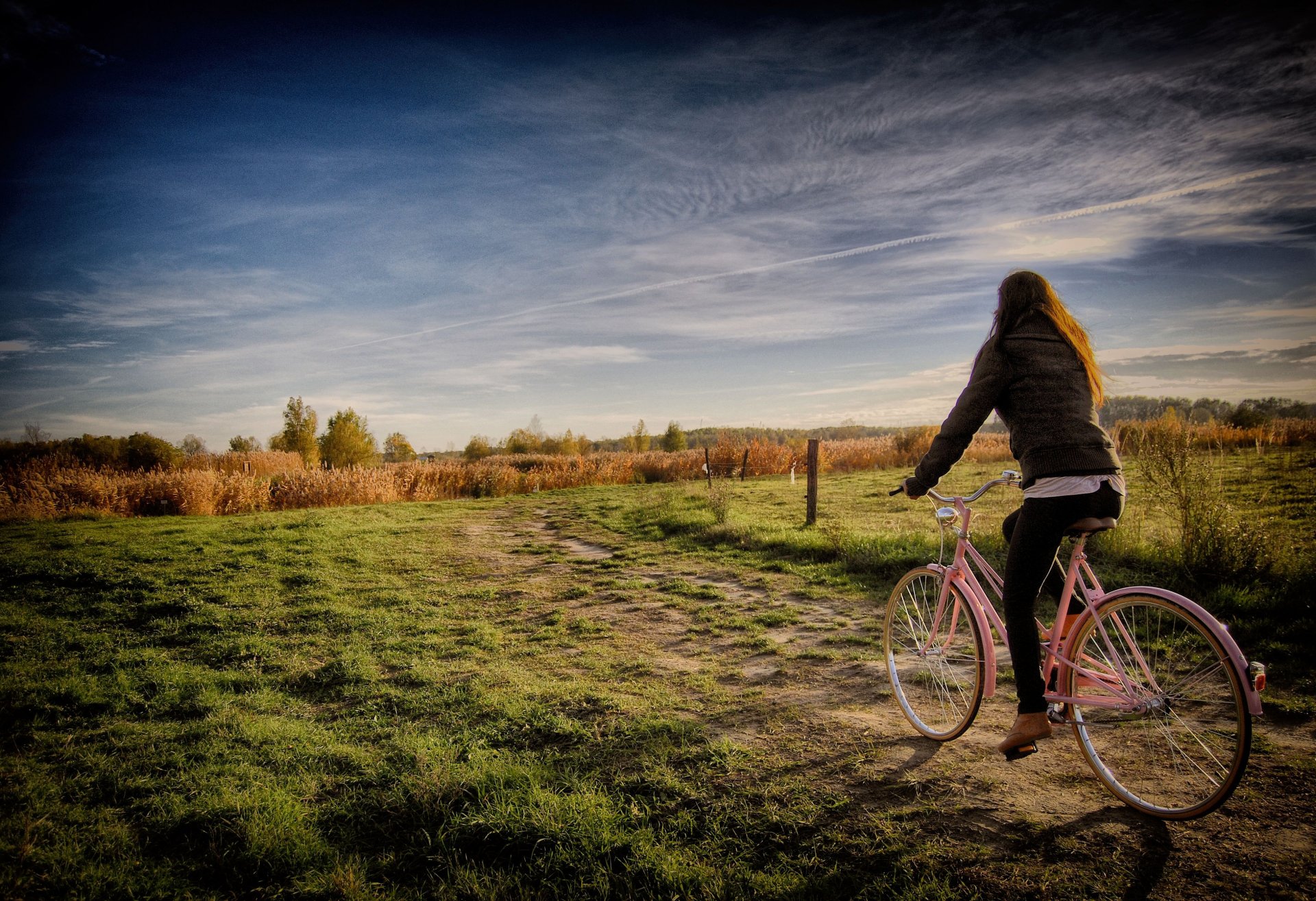 fille vélo champ clôture arbres