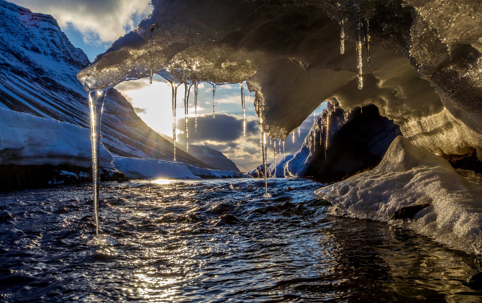 berge winter fluss eiszapfen schnee sonne himmel wolken