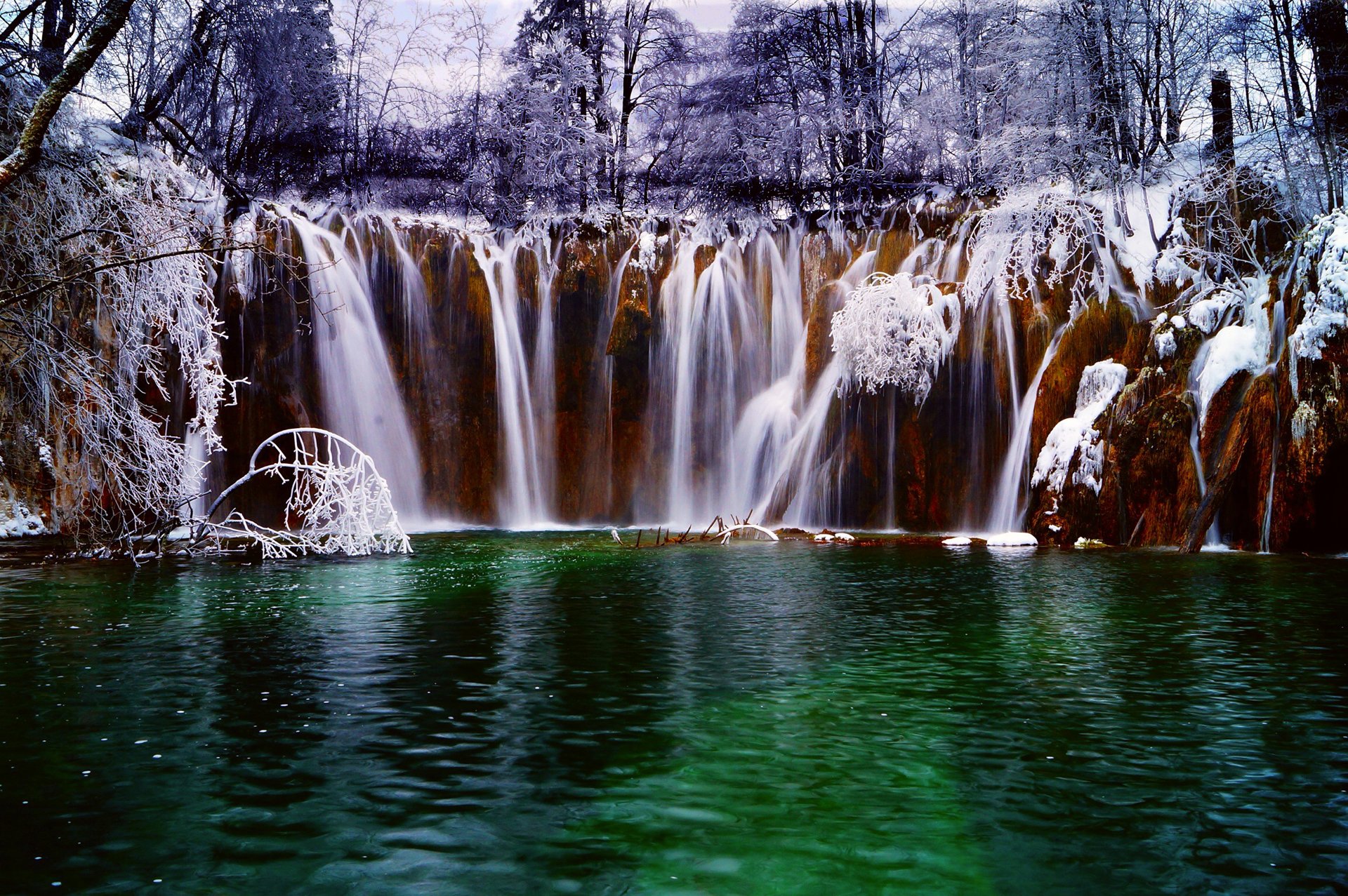 croatia waterfall river feed lake forest winter snow