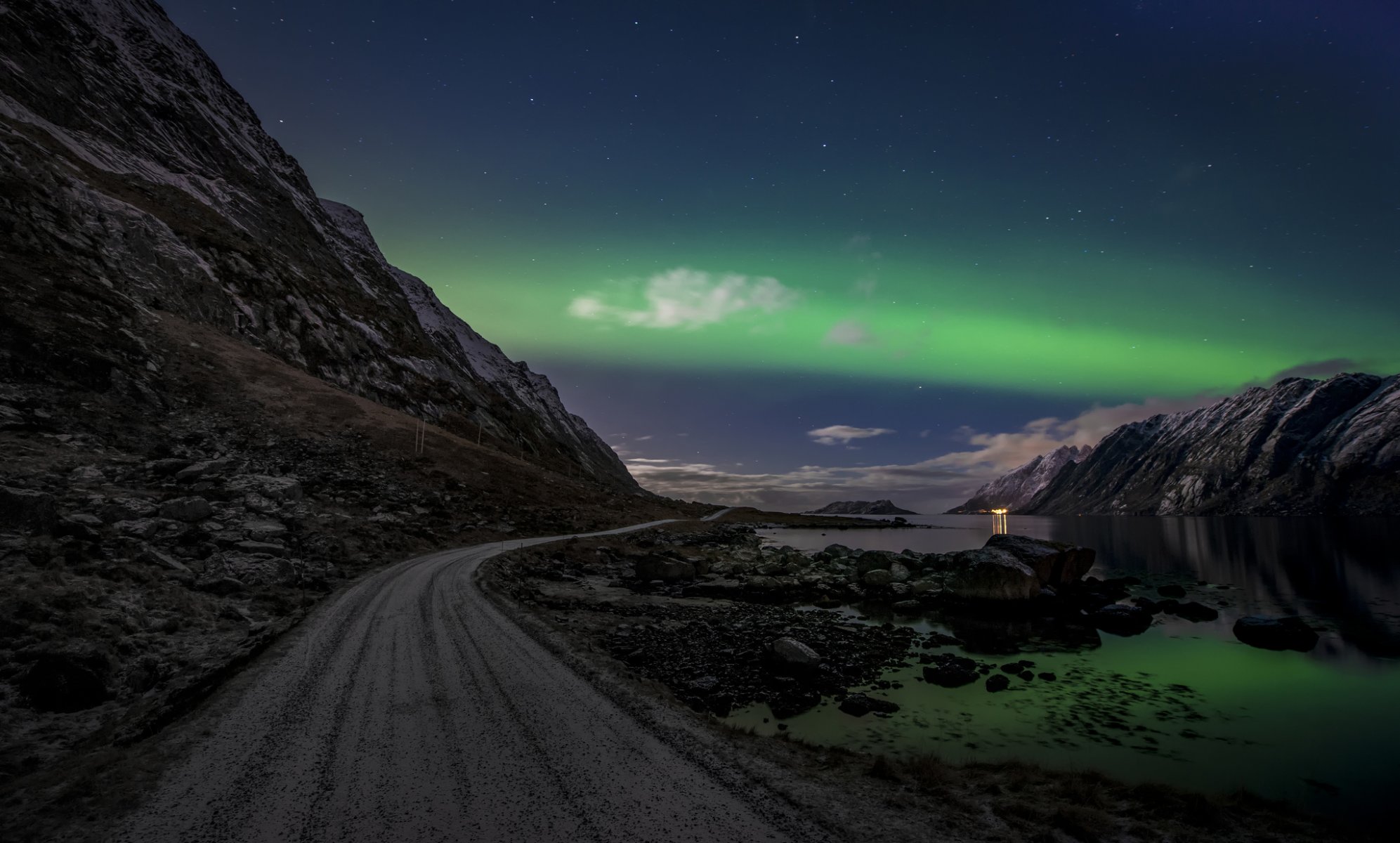 lofoten norway northern lights rock road night sky cloud