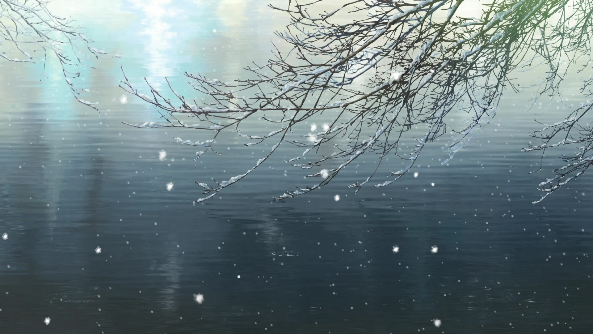 jardin de mots gracieux makoto shinkai étang branche neige hiver lumière