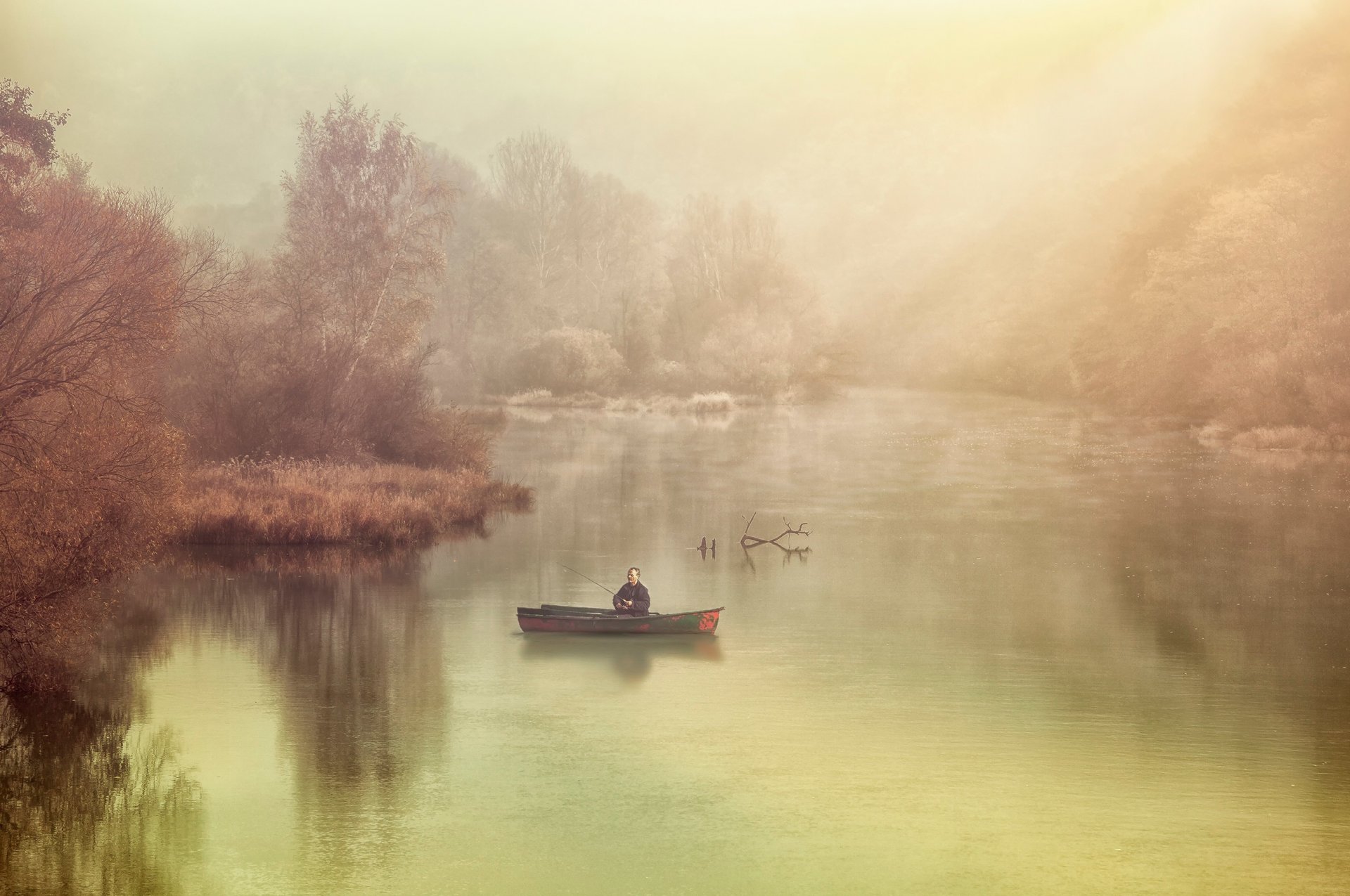 rivière brouillard bateau pêcheur