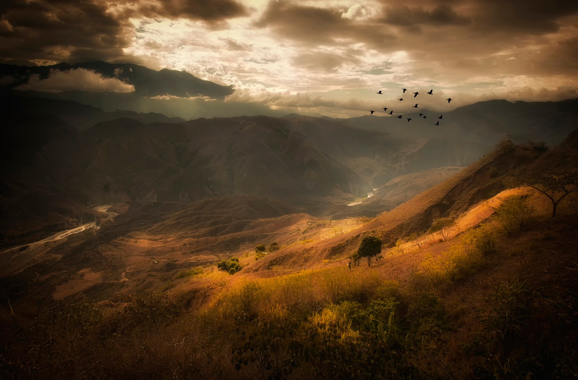 montañas nubes pájaros