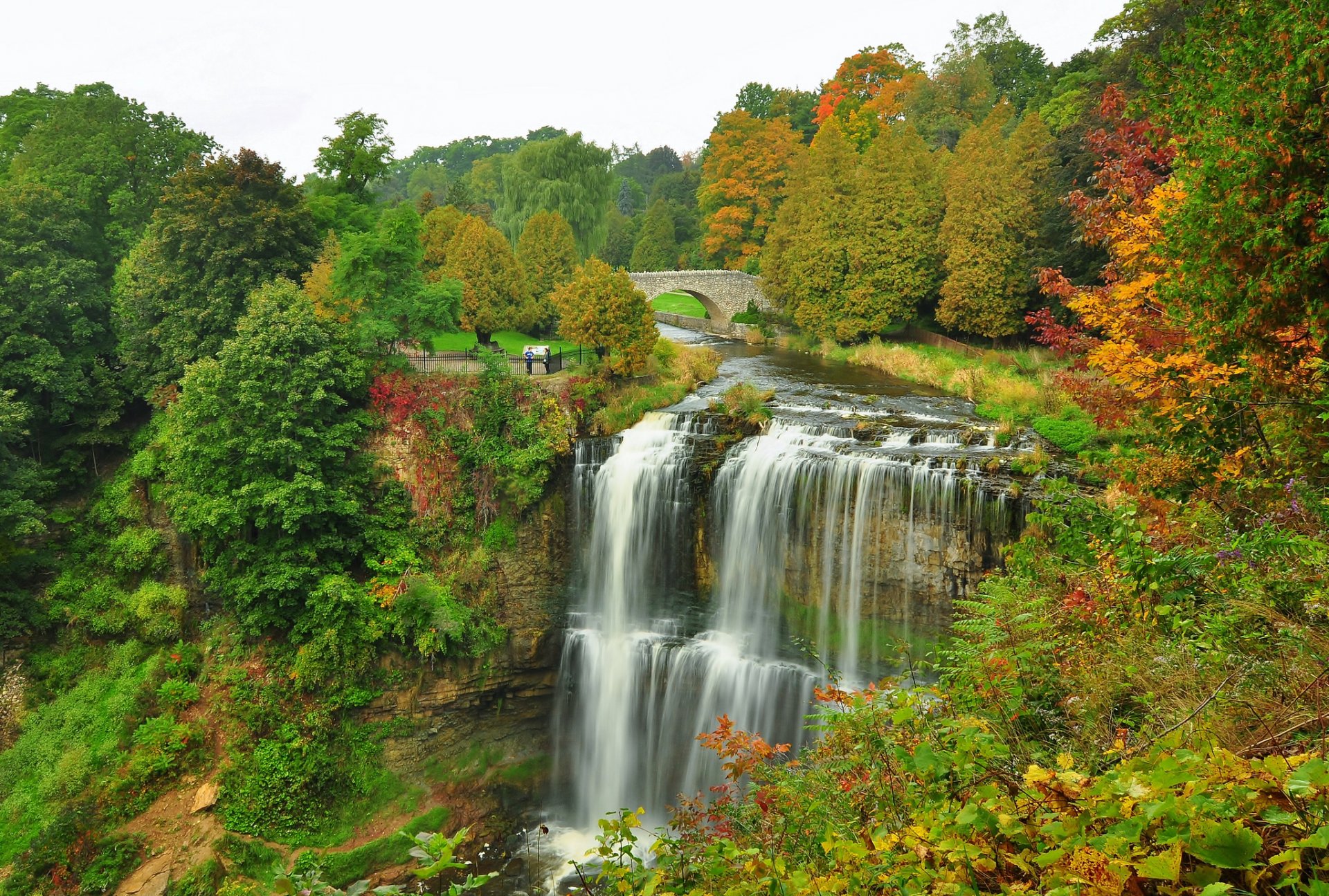 wald park bäume herbst fluss brücke wasserfall