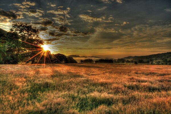 Cielo al tramonto con i raggi del sole sopra il campo