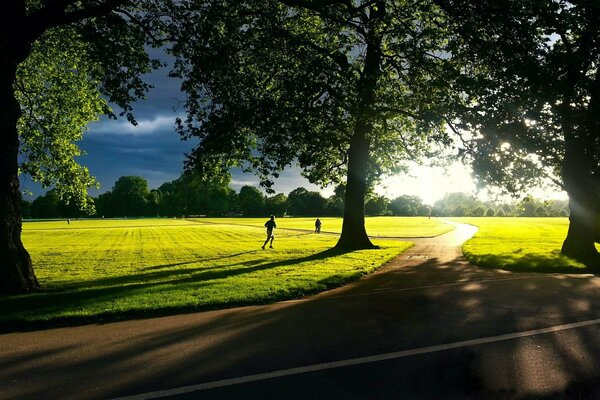 Landscape people running across a green field