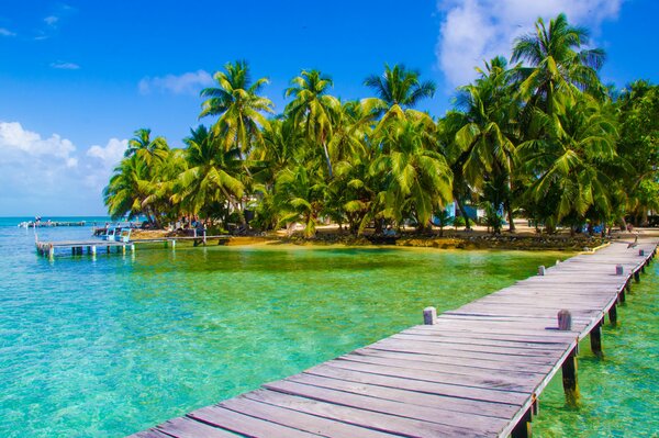 Puente a bungalows de playa tropical