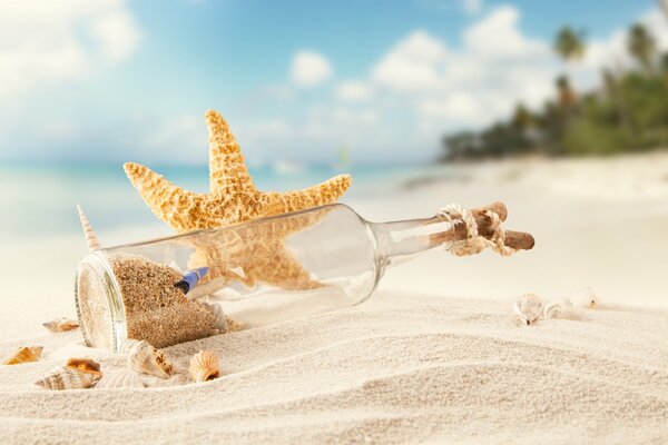 A starfish and a bottle with a message on the sand