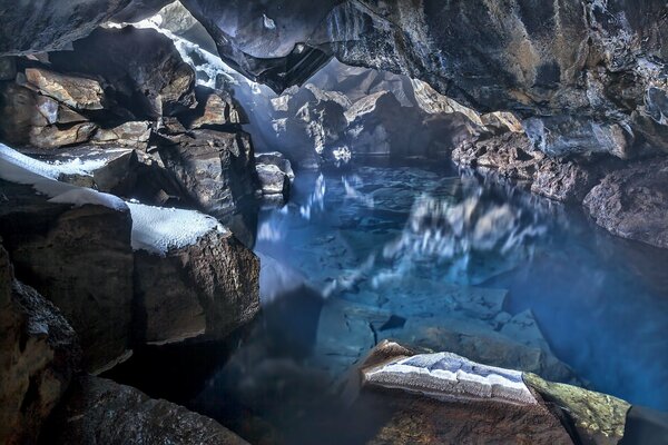 Agua azul en una cueva de Islandia