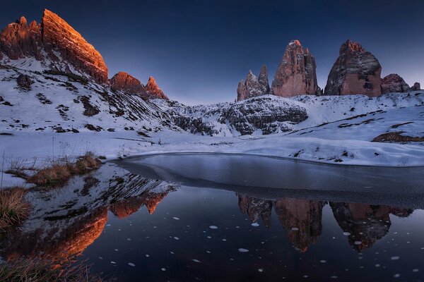 Reflection of snowy mountains in the lake