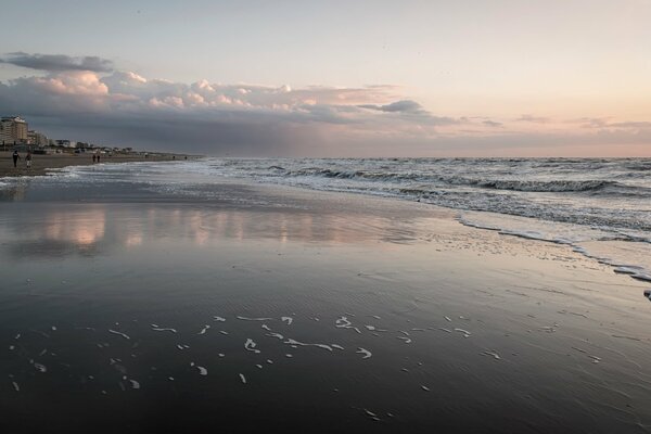 The beach illuminated by a pink sunset