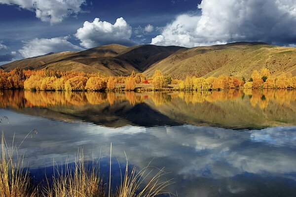 Natura autunnale con colline e stagno