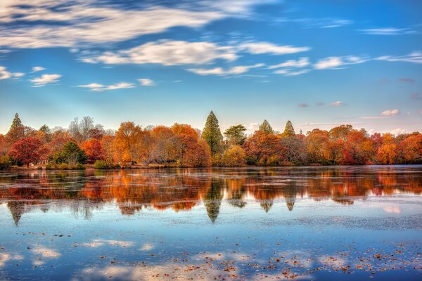 The autumn shore of the lake is reflected in the water