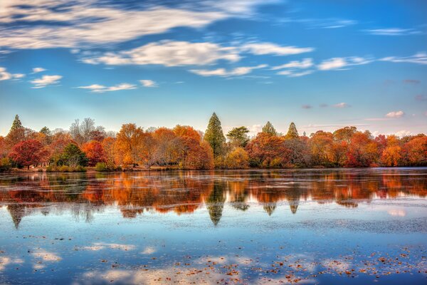 Осенний берег озера отражается в воде