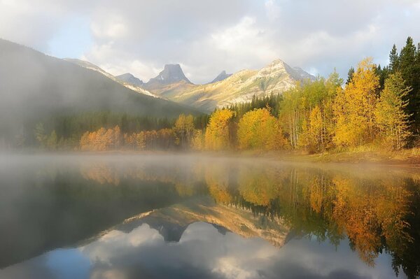 Autumn nature on the background of a mountain lake