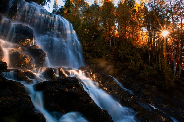 The rays of the sun breaking through the branches of trees on the waterfall
