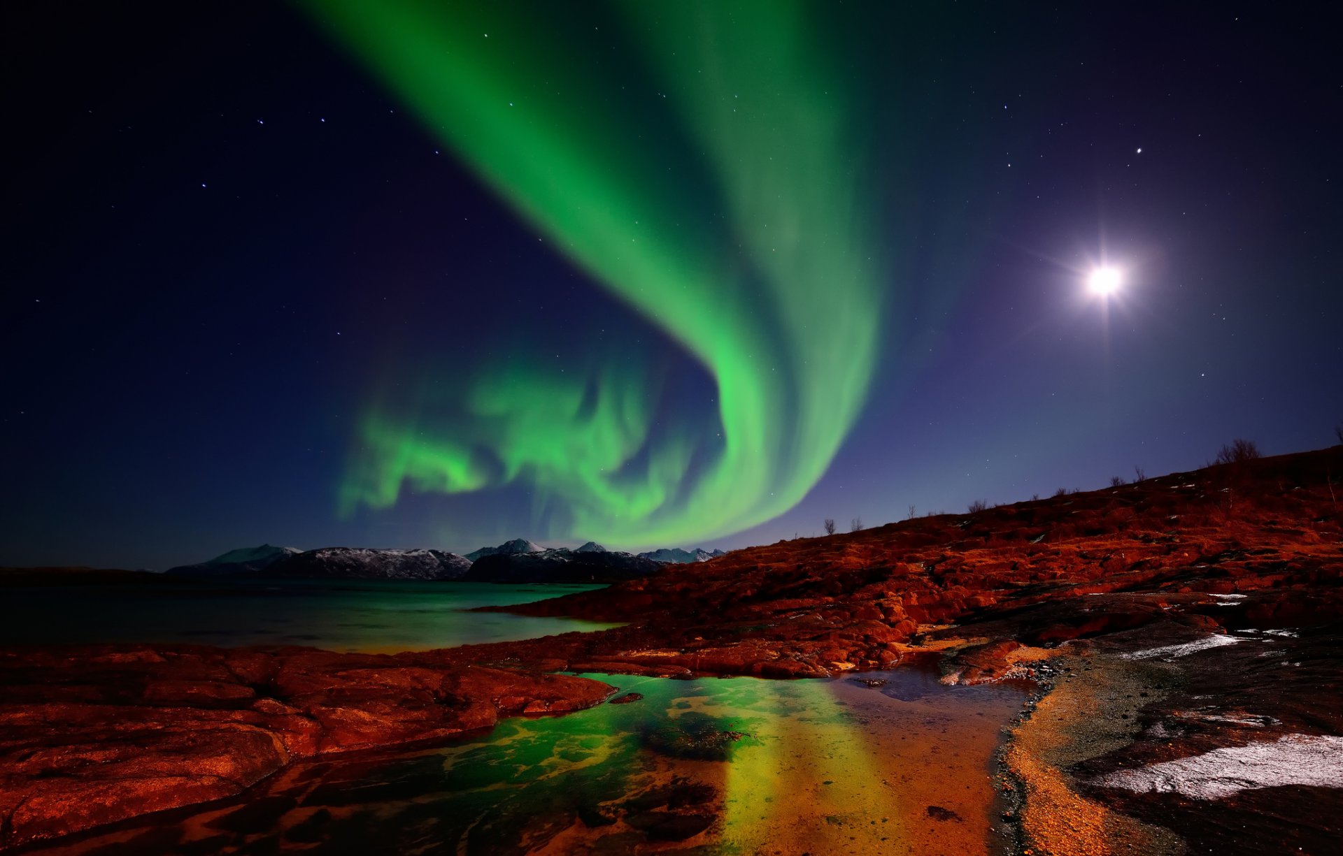 norway islands night northern lights sky star moon mountain