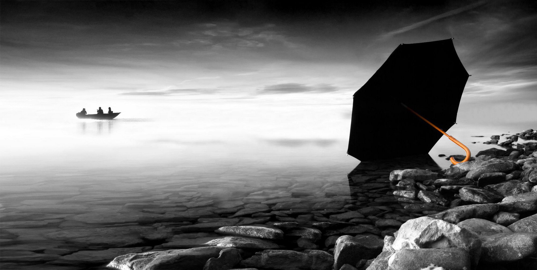 umbrella stones boat black and white