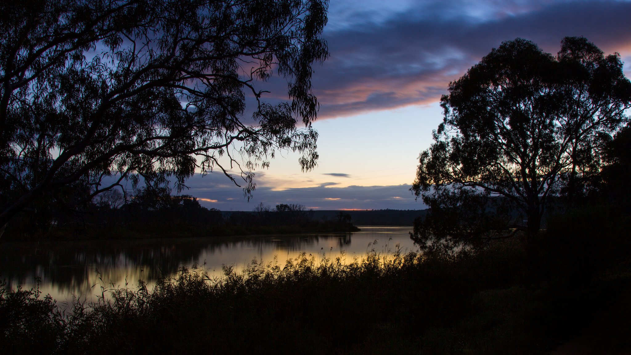 australie matin aube rivière côte herbe arbres ciel nuages réflexion