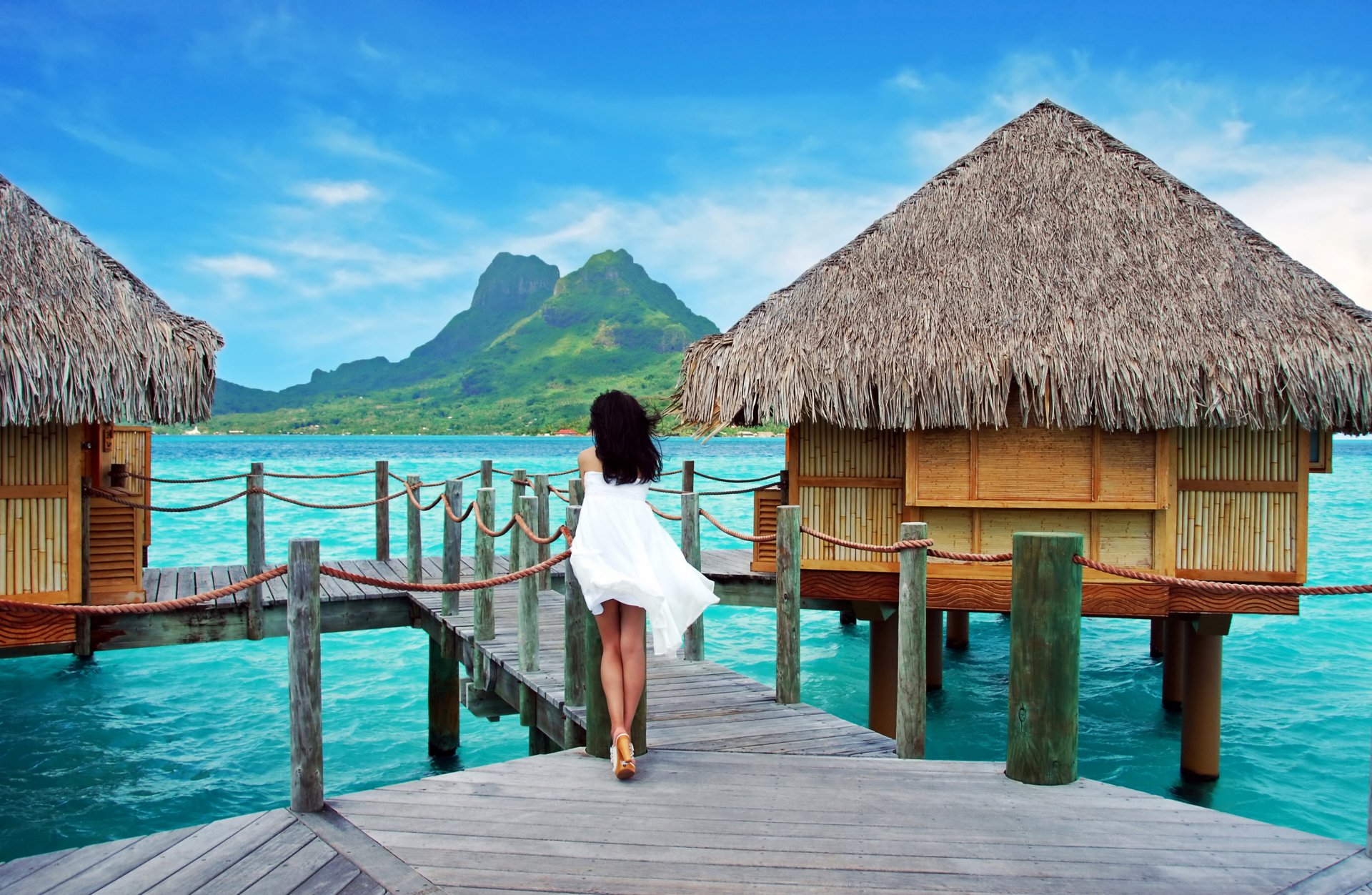 tropisch paradies strand palmen meer ozean sommer urlaub pier hütte tropen hütte