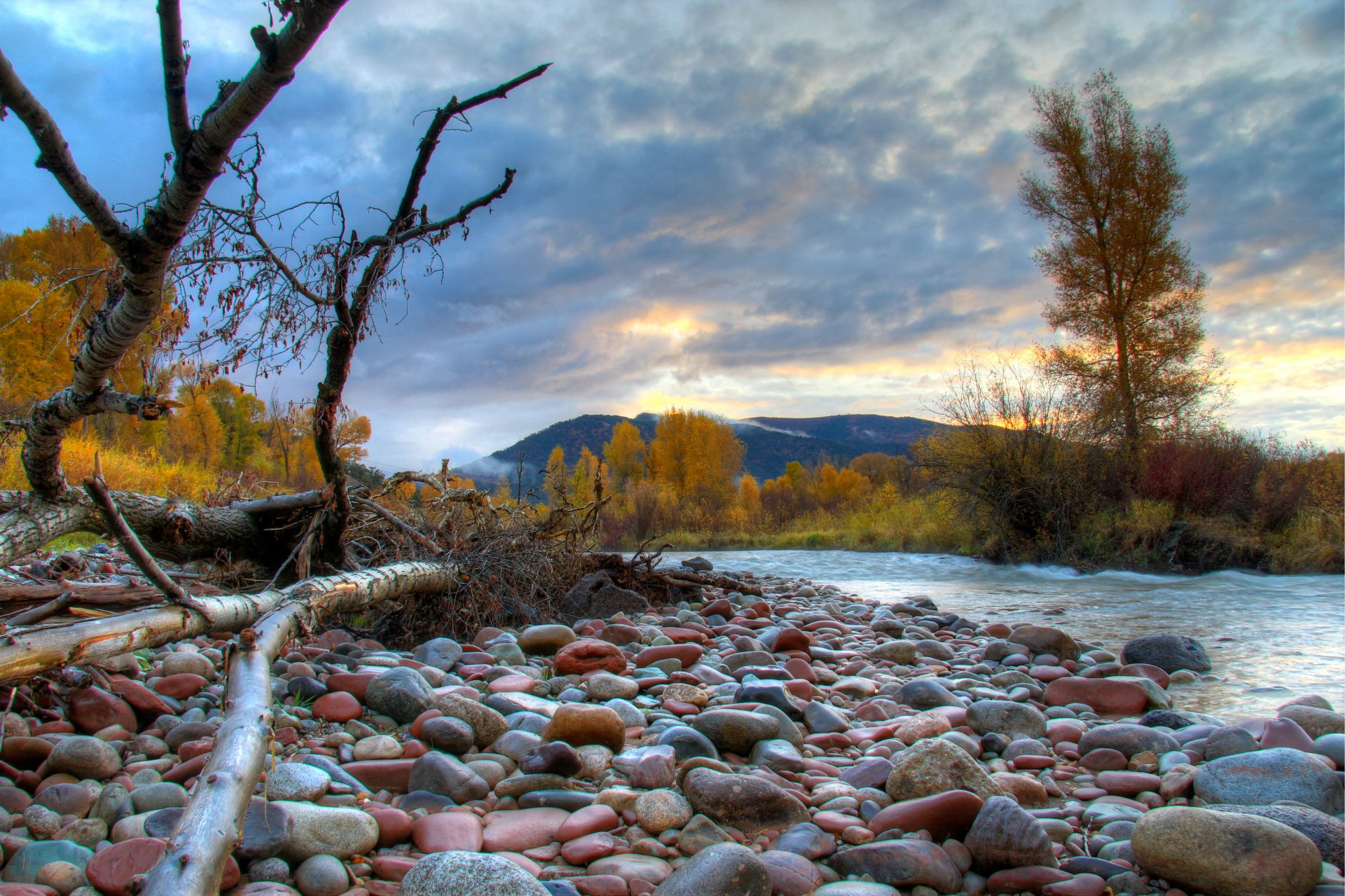 mountain river stones tree autumn sky cloud