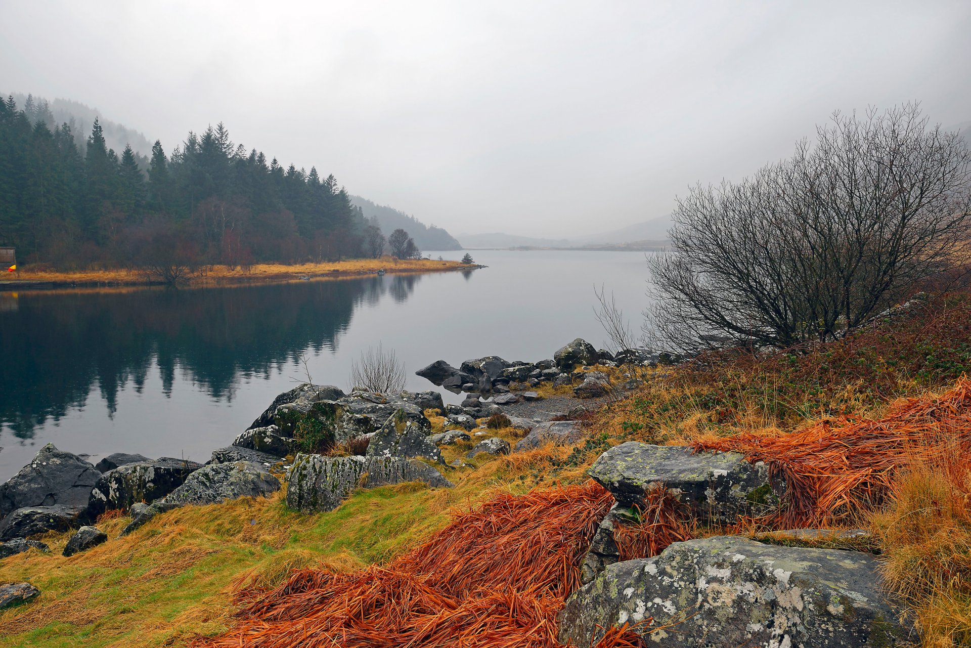 snowdonia walia jezioro niebo mgła góry skały jesień trawa krajobraz