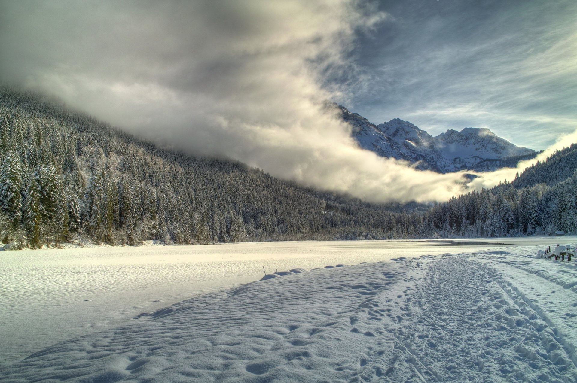 neve fiume strada montagna foresta nebbia cielo