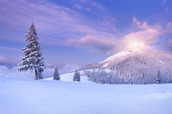 Sol sobre la montaña en un día de invierno