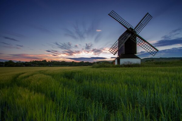 Imagen de campos verdes con un molino en el fondo de la puesta de sol