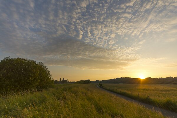 Il tramonto scende sul campo e le nuvole passano