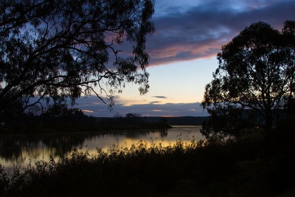 Dawn on the shore of the lake. Reflection of clouds in water