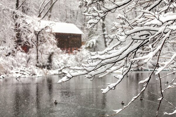 House on the shore of a snow-covered lake