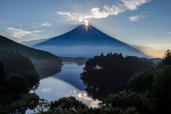 Отражение вулкана и солнца в воде