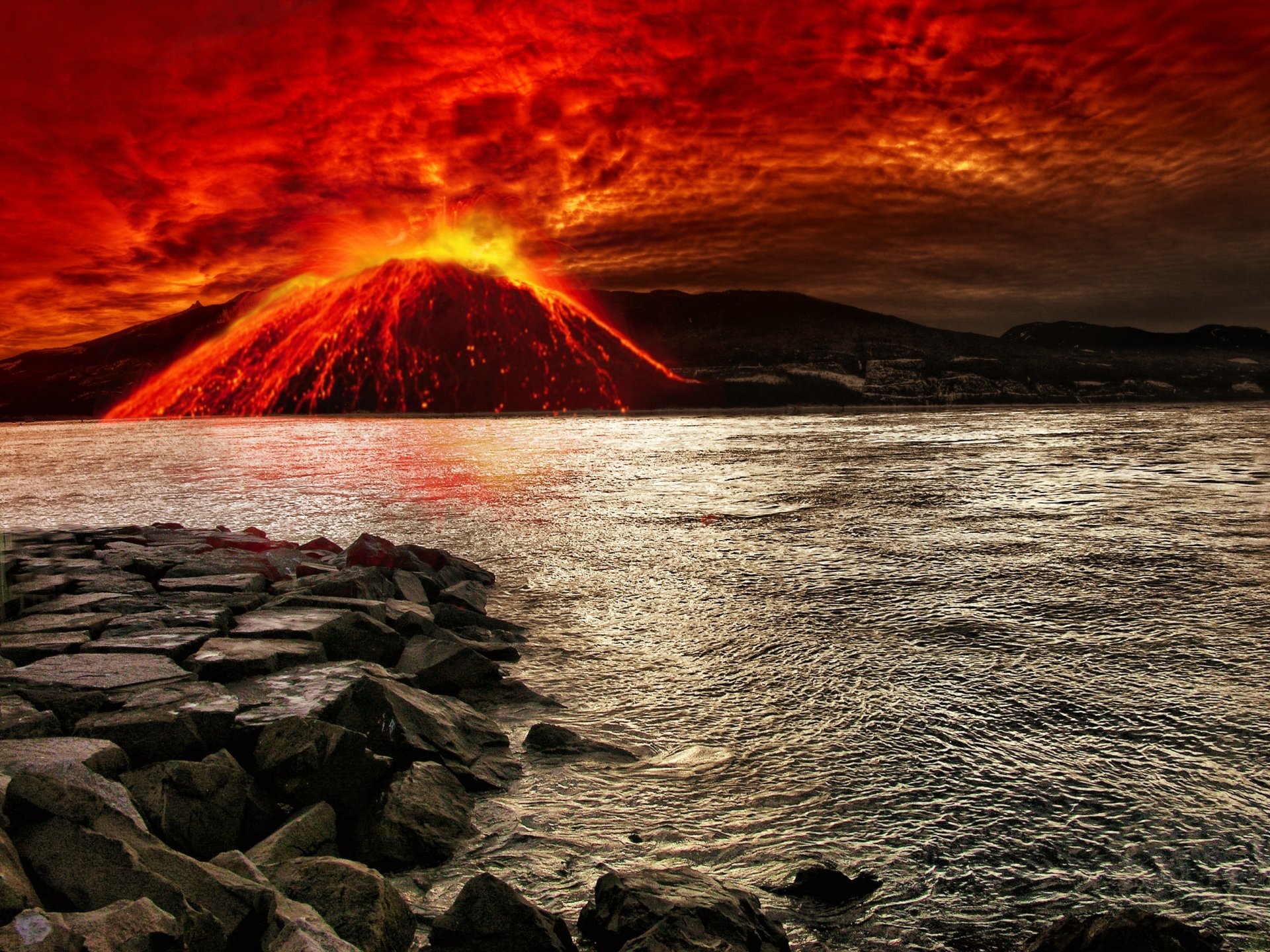 mar rocas volcán erupción ráfagas corriente lava sangre cielo elemento