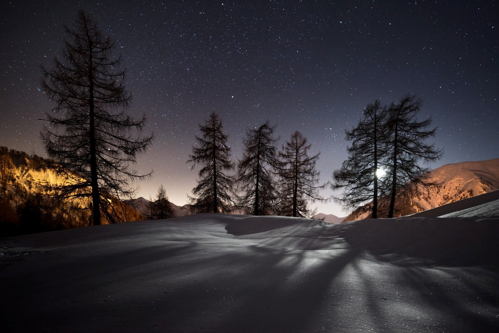 inverno neve montagne alberi notte stelle natura