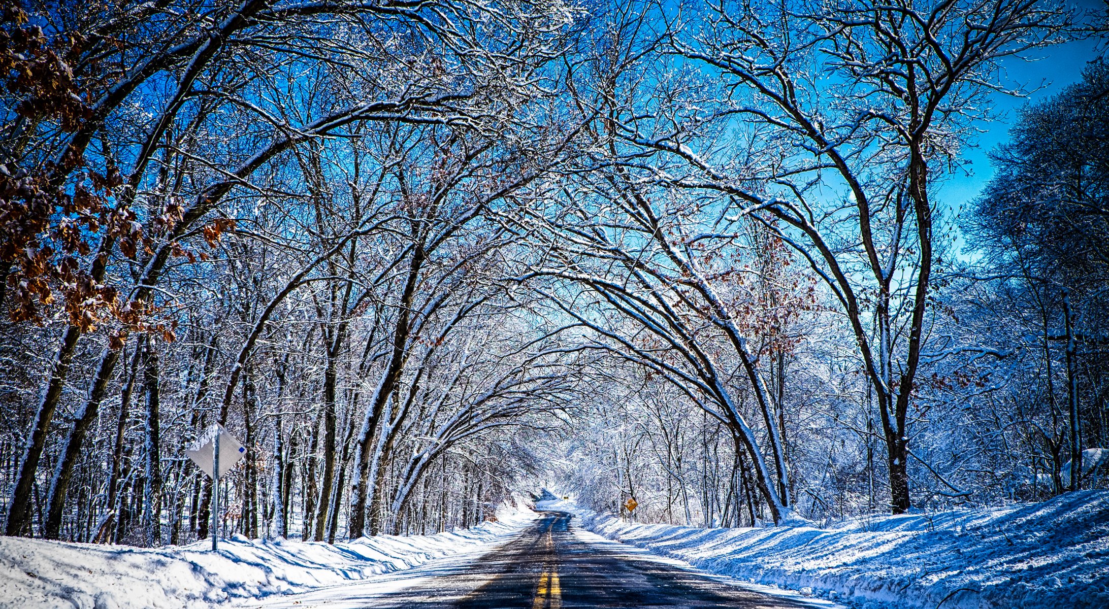 himmel winter straße bäume schnee tunnel