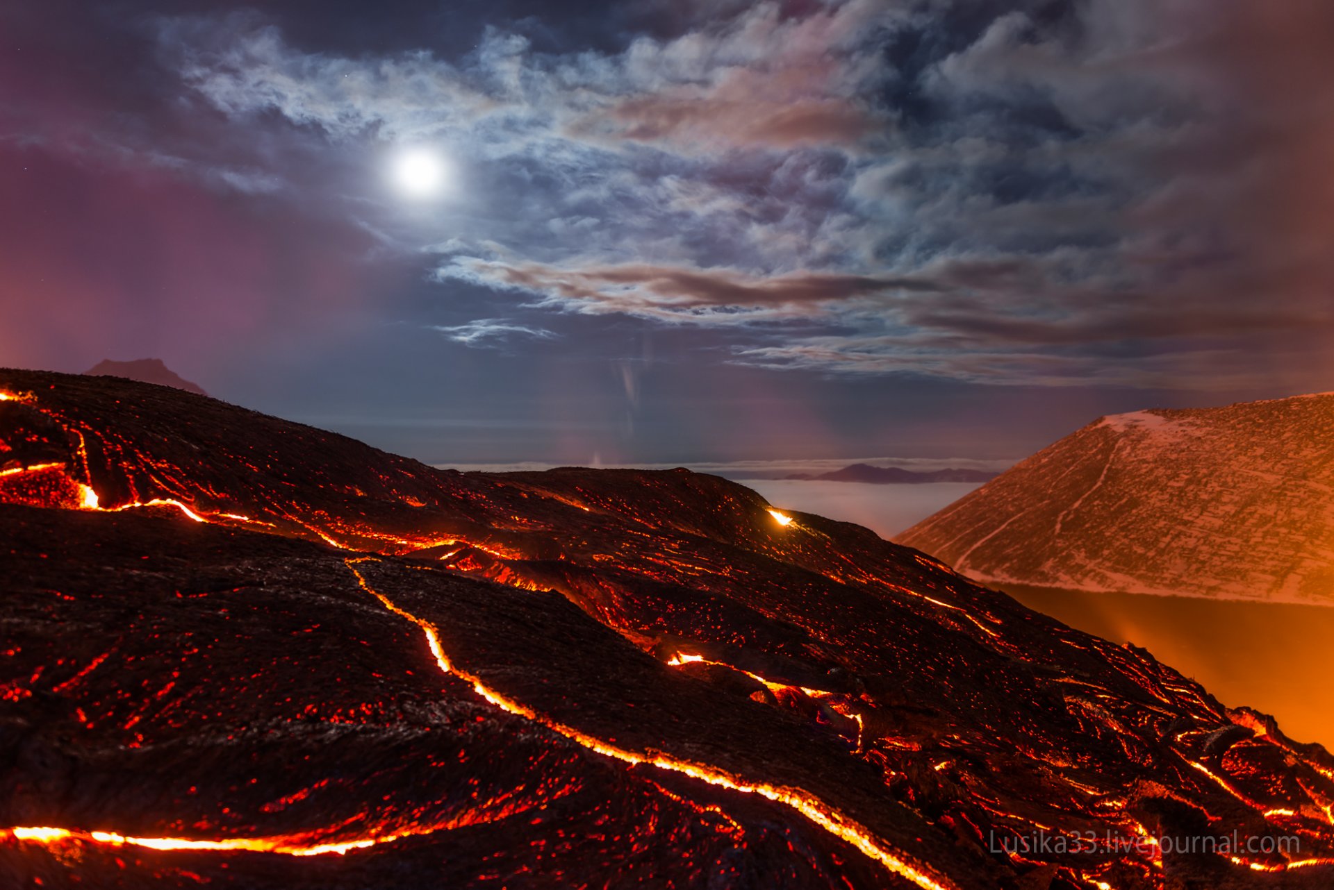 volcano tolbachik kamchatka lava night sea rocks sky stars clouds light heat kamchatka russia star moon rock mountain