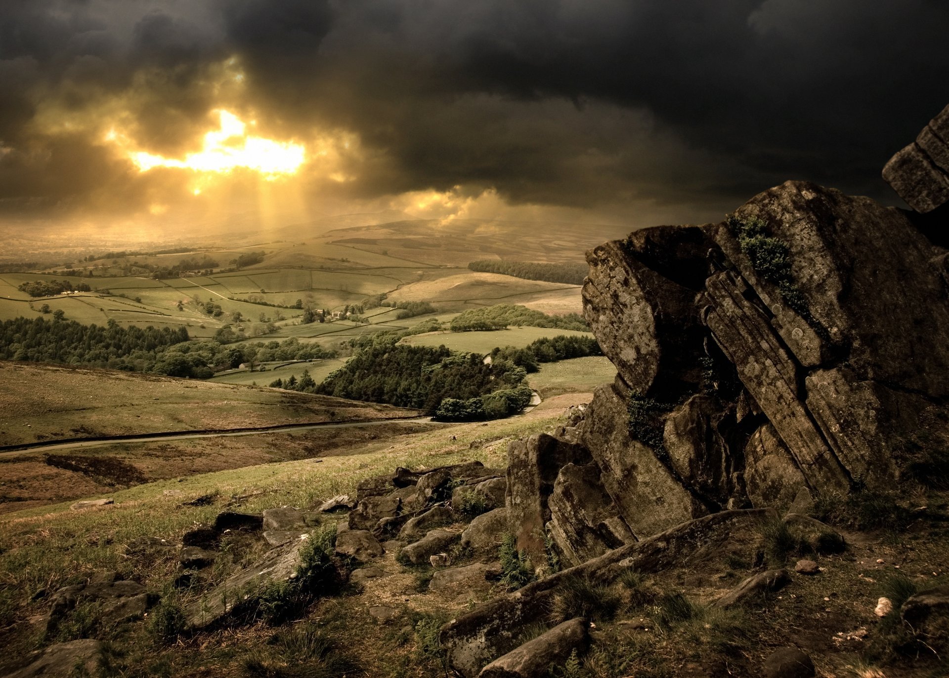 hills tree stones clouds sun