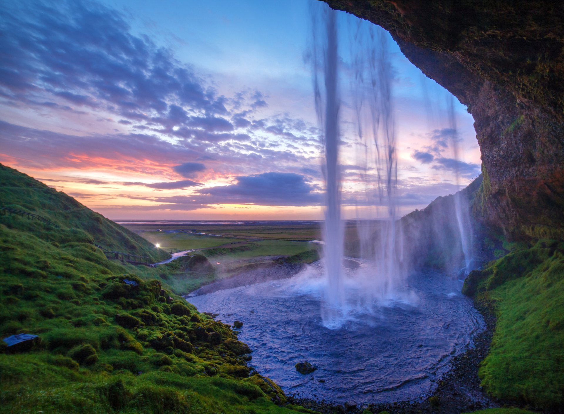 waterfall sunset rock green hills dawn