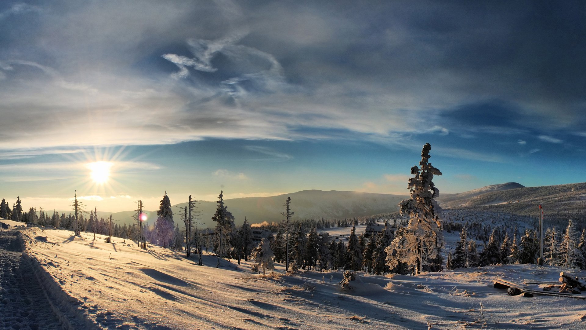 winter schnee sonnenuntergang frost berge wald sonne