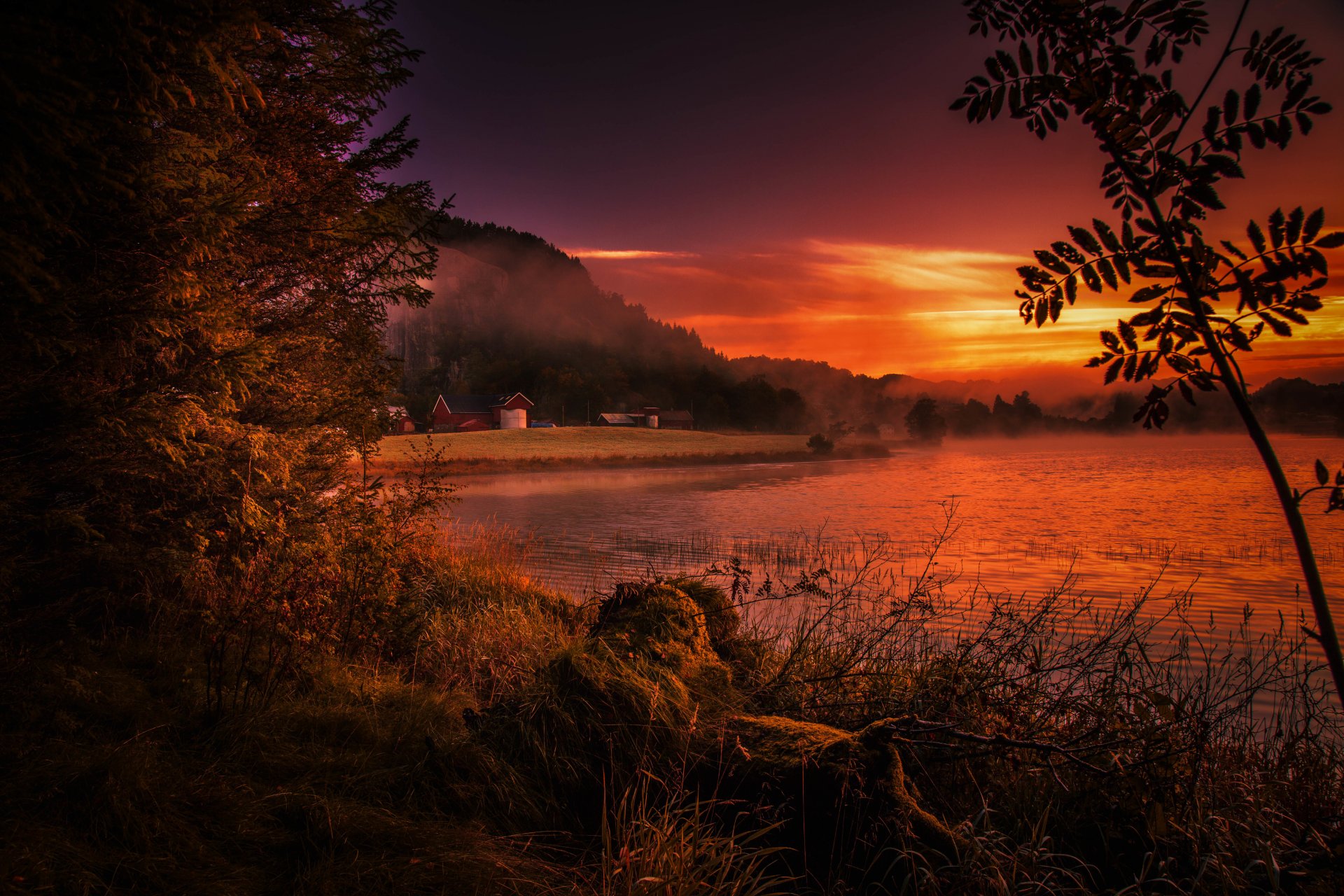 norvegia rugaland fiume riva tramonto nebbia