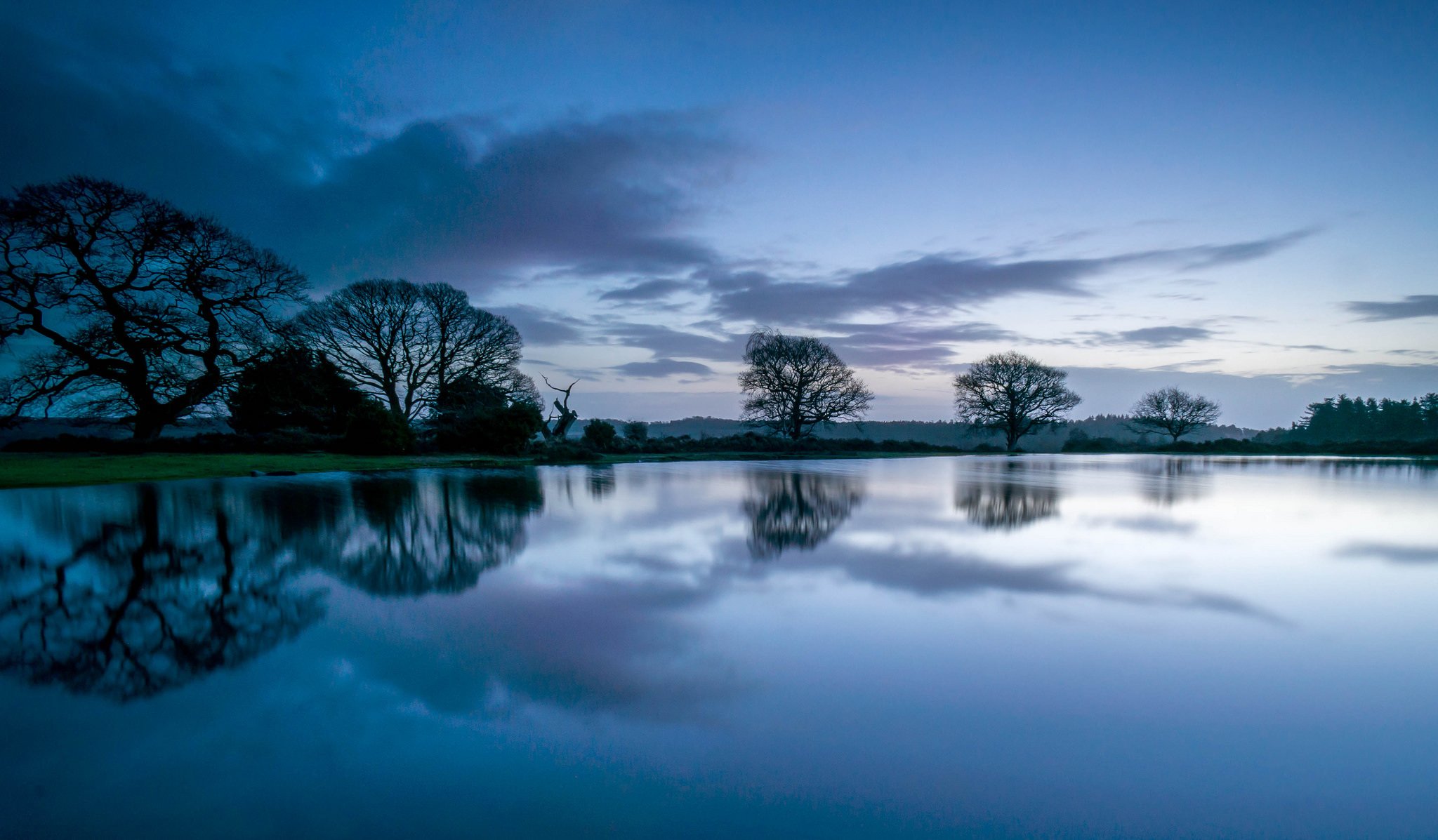 nacht vor sonnenaufgang bäume wald fluss himmel wolken blau reflexion