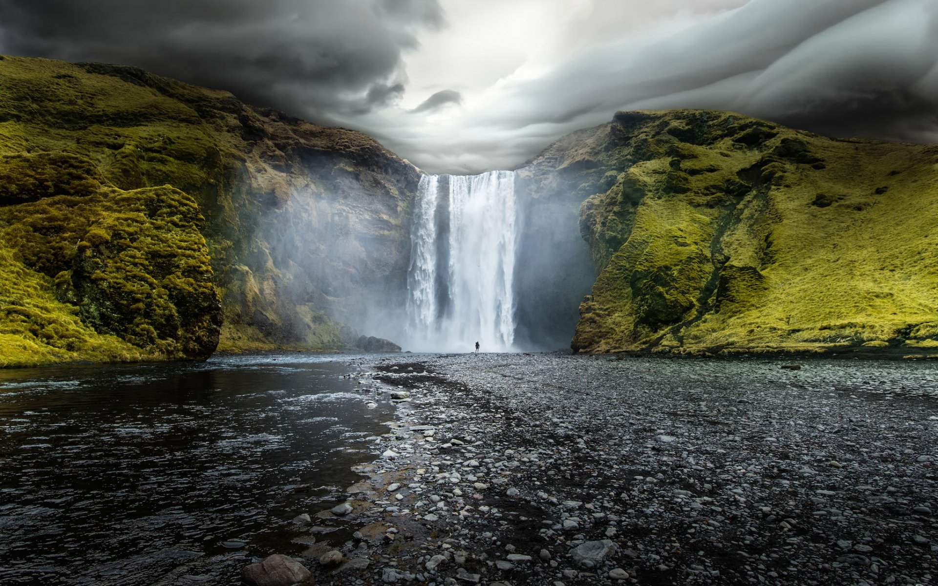 iceland skogafoss waterfall skogafoss rocks river water clouds nature