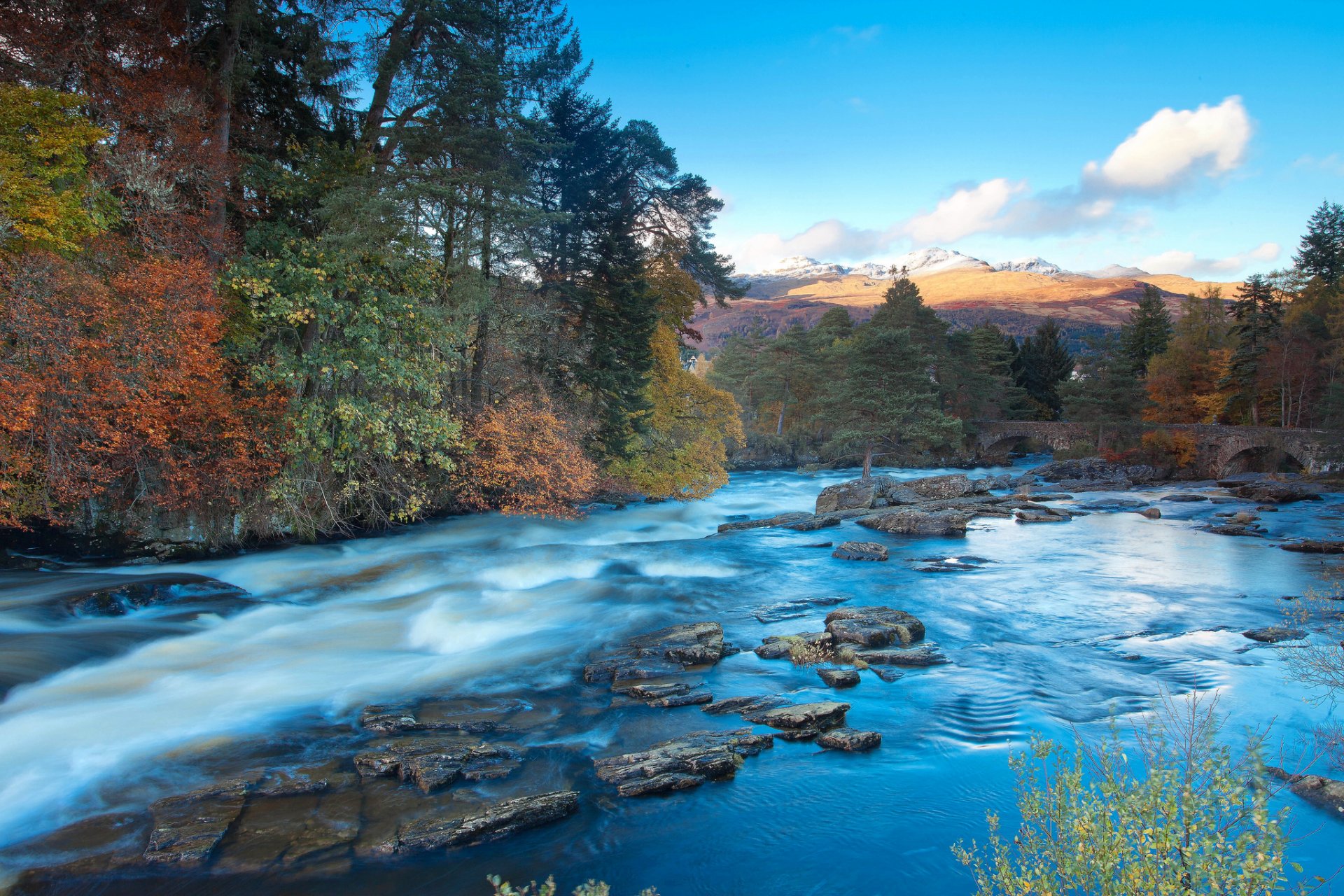 herbst wald hügel fluss strom brücke