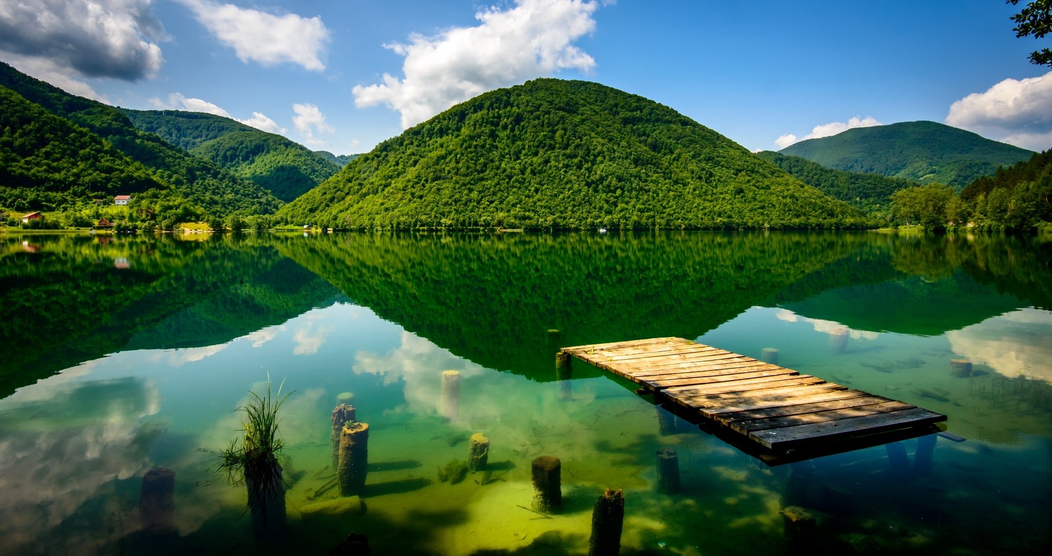 natur himmel berge bäume see brücke brücke